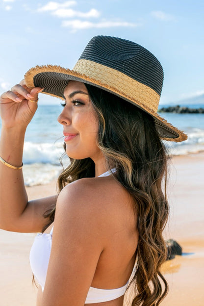 Fray-Edge Rattan Band Straw Panama Fedora Hat Aili's Corner