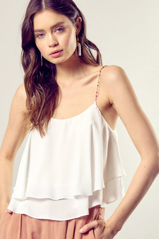 Boho White Layered Cami Top with Beaded Straps  DAME BOHEME
