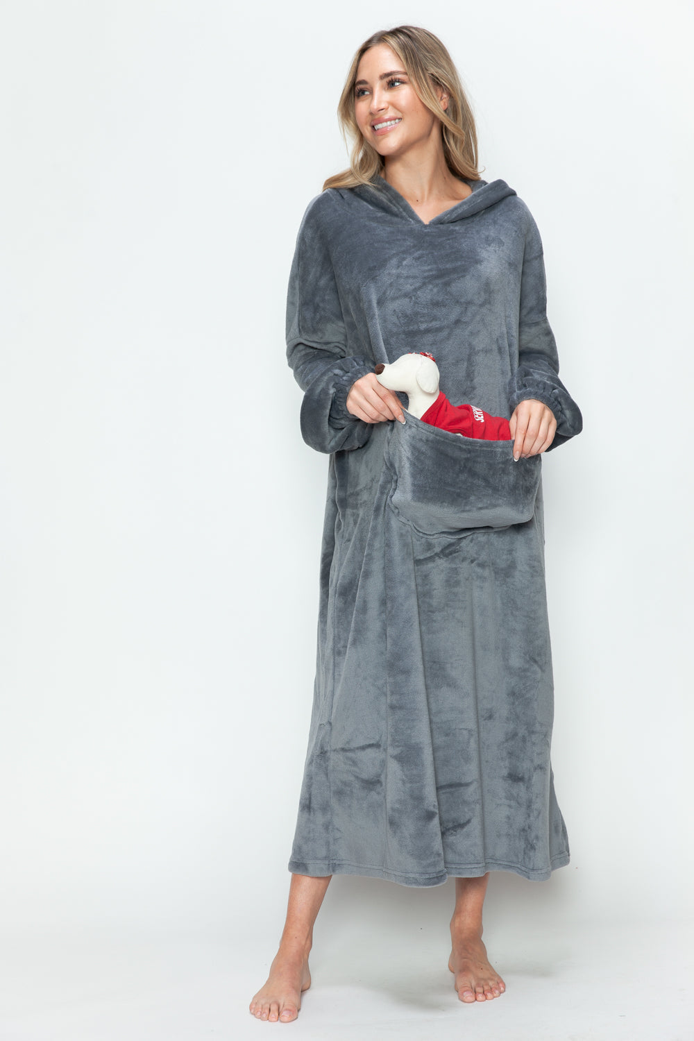 Full Size Pocketed Hooded Midi Lounge Dress Trendsi