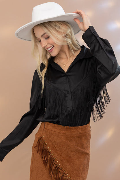 Chevron Fringe Satin Button-Down Boho Shirt Blue B