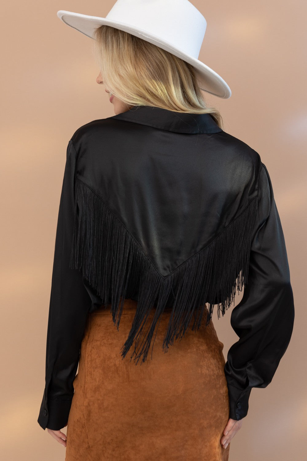 Chevron Fringe Satin Button-Down Boho Shirt Blue B