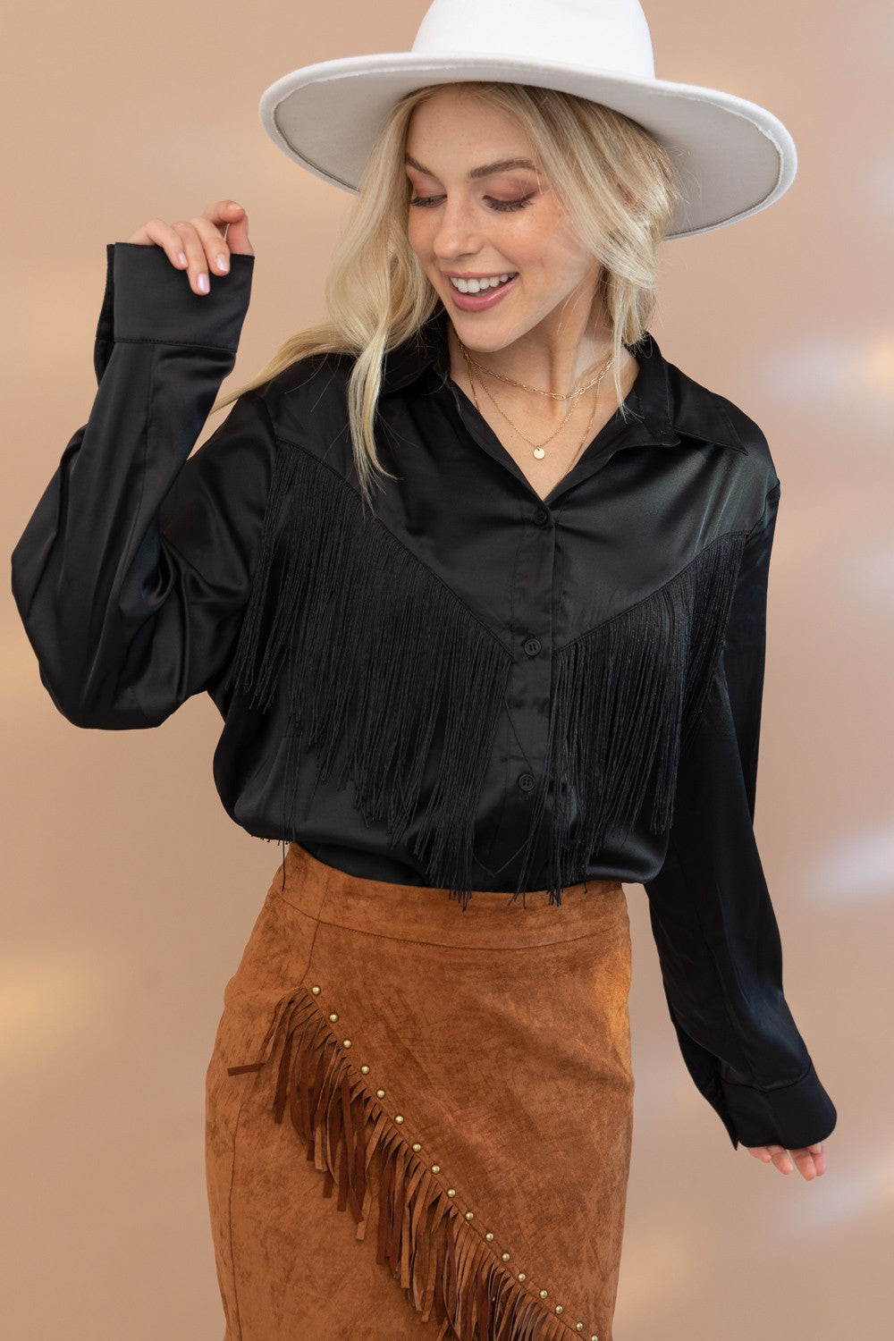 Chevron Fringe Satin Button-Down Boho Shirt Blue B