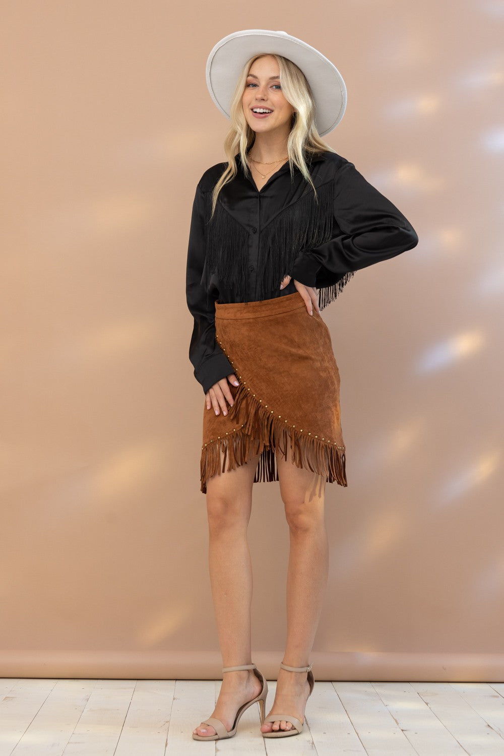 Chevron Fringe Satin Button-Down Boho Shirt Blue B