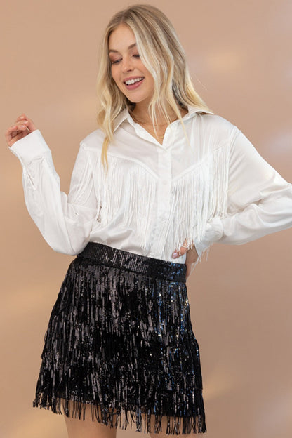 Chevron Fringe Satin Button-Down Boho Shirt Blue B