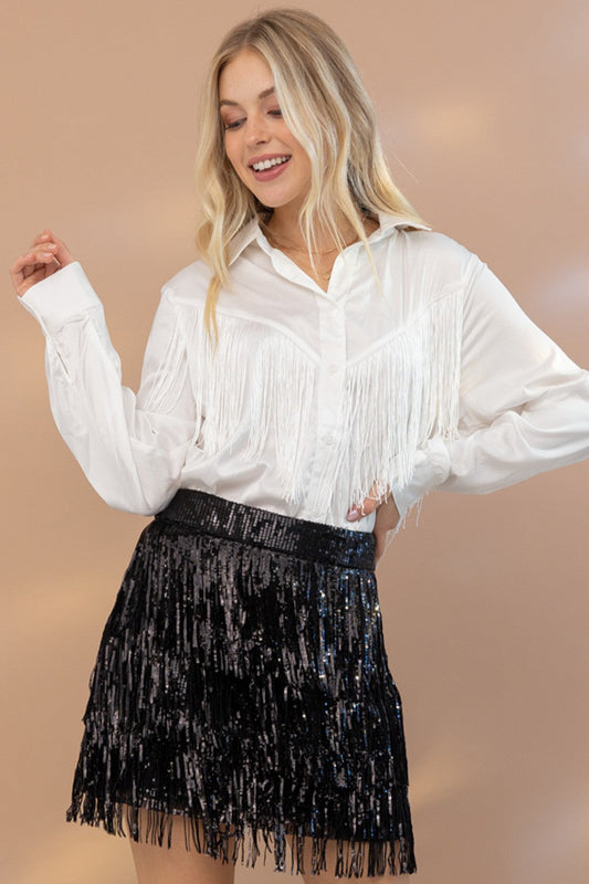 Chevron Fringe Satin Button-Down Boho Shirt Blue B