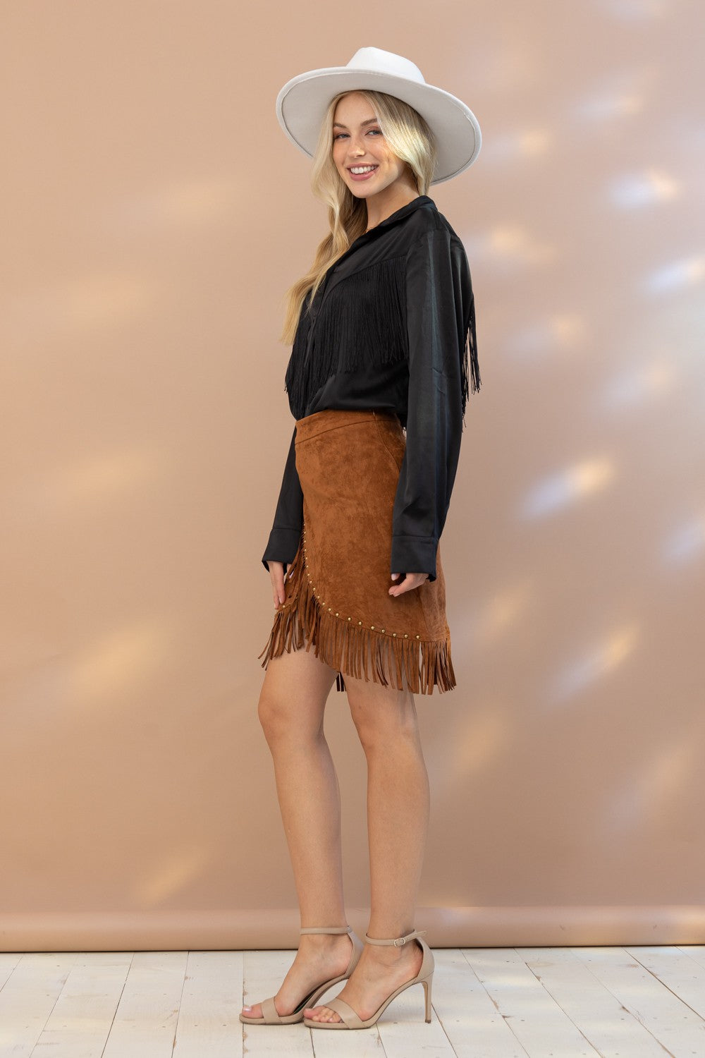Chevron Fringe Satin Button-Down Boho Shirt Blue B