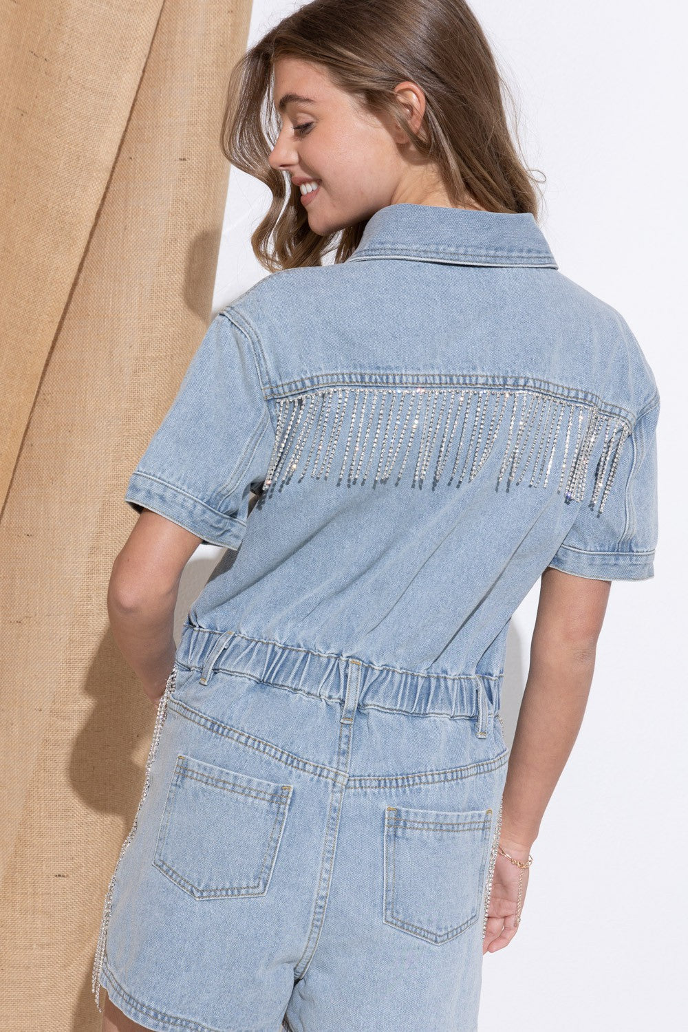 Back Rhinestone Fringe Washed Denim Shorts Romper Blue B