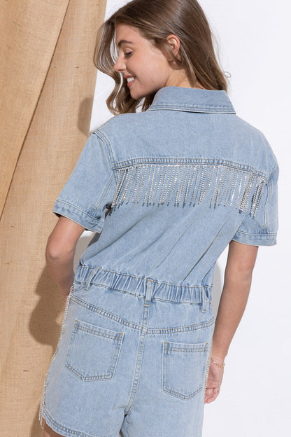 Back Rhinestone Fringe Washed Denim Shorts Romper Blue B