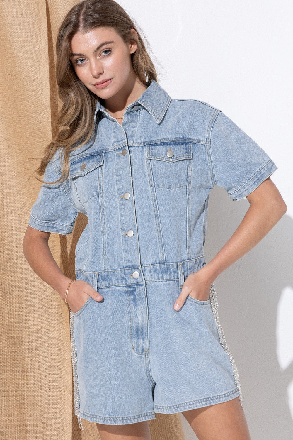 Back Rhinestone Fringe Washed Denim Shorts Romper Blue B