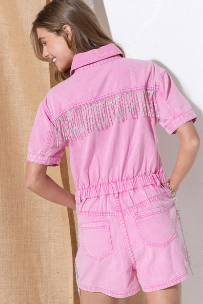 Back Rhinestone Fringe Washed Denim Shorts Romper Blue B