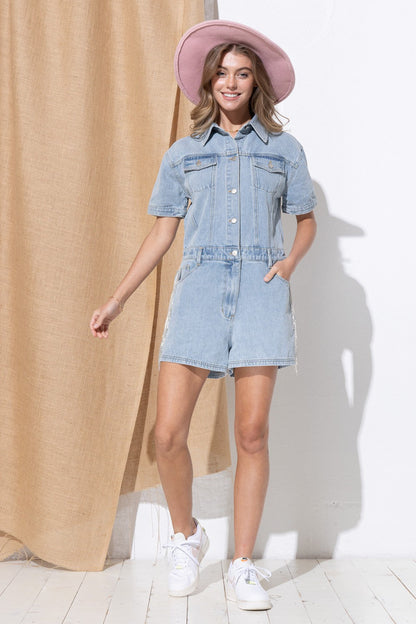 Back Rhinestone Fringe Washed Denim Shorts Romper Blue B