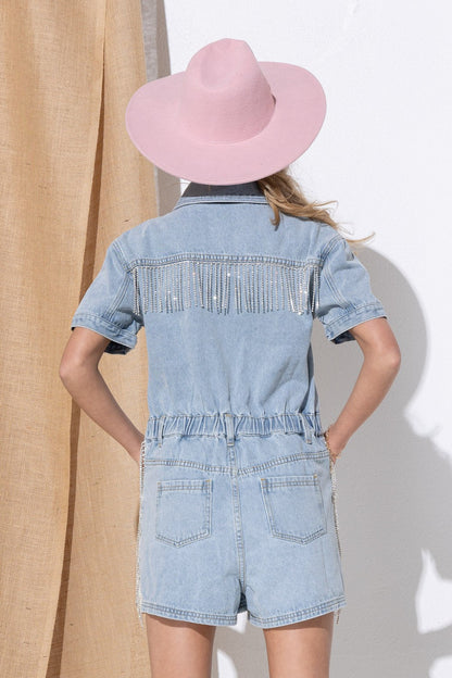 Back Rhinestone Fringe Washed Denim Shorts Romper Blue B