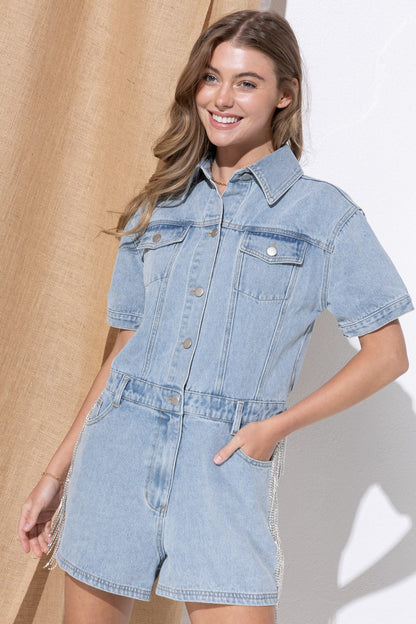 Back Rhinestone Fringe Washed Denim Shorts Romper Blue B
