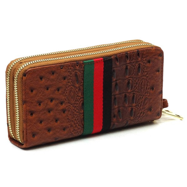 Queen Bee Stripe Ostrich Double Zip Around Faux Vegan Leather Wallet