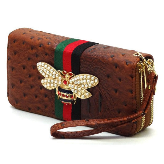 Queen Bee Stripe Ostrich Double Zip Around Faux Vegan Leather Wallet Fashion World