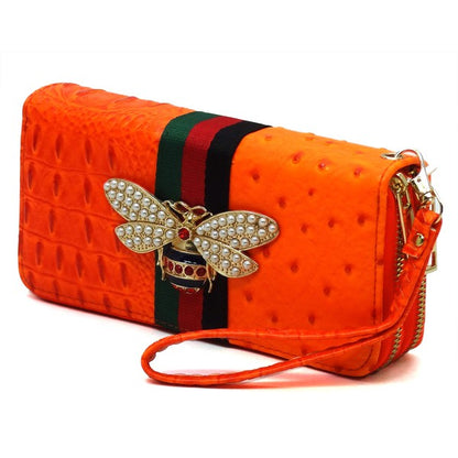 Queen Bee Stripe Ostrich Double Zip Around Faux Vegan Leather Wallet Fashion World
