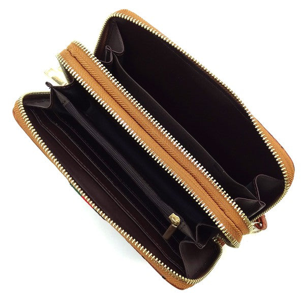 Queen Bee Stripe Ostrich Double Zip Around Faux Vegan Leather Wallet