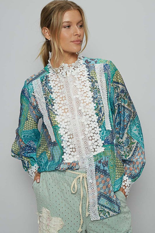 POL Lace Detail Printed Button Down Shirt Trendsi