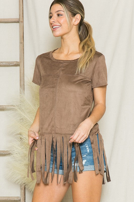 Micro Suede Fringe Short-Sleeved Top Orange Farm Clothing