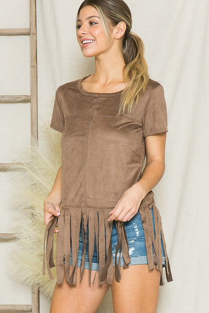 Micro Suede Fringe Short-Sleeved Top Orange Farm Clothing
