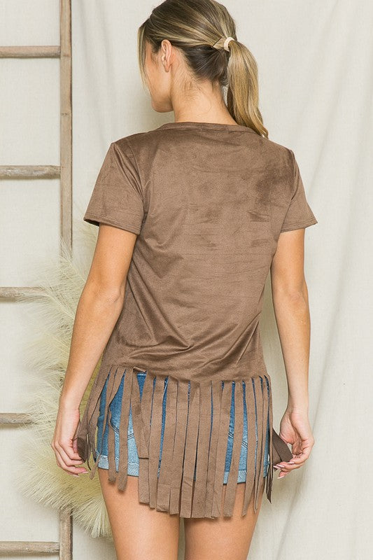 Micro Suede Fringe Short-Sleeved Top Orange Farm Clothing