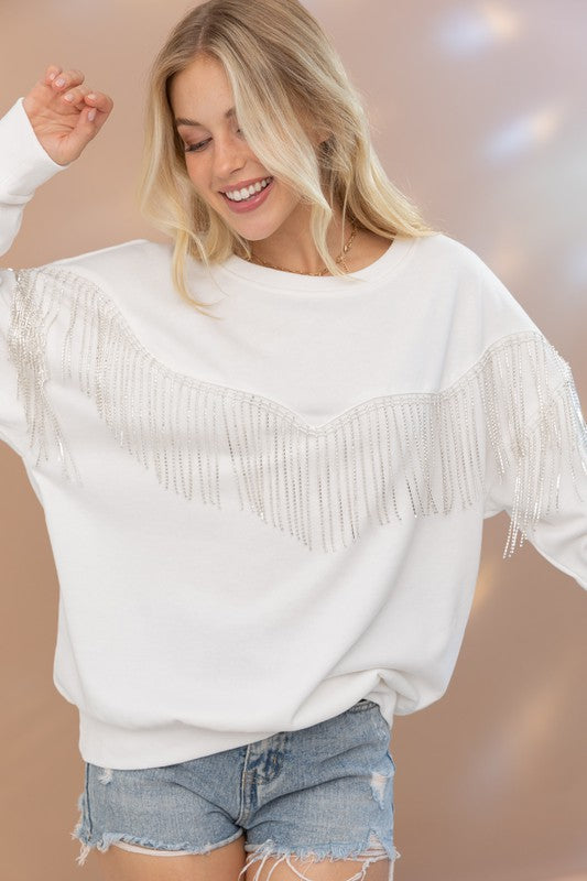 Rhinestone Fringe Embellished Sweatshirt Blue B