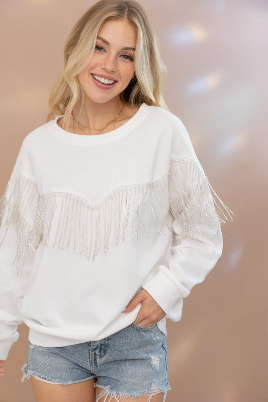 Rhinestone Fringe Embellished Sweatshirt Blue B