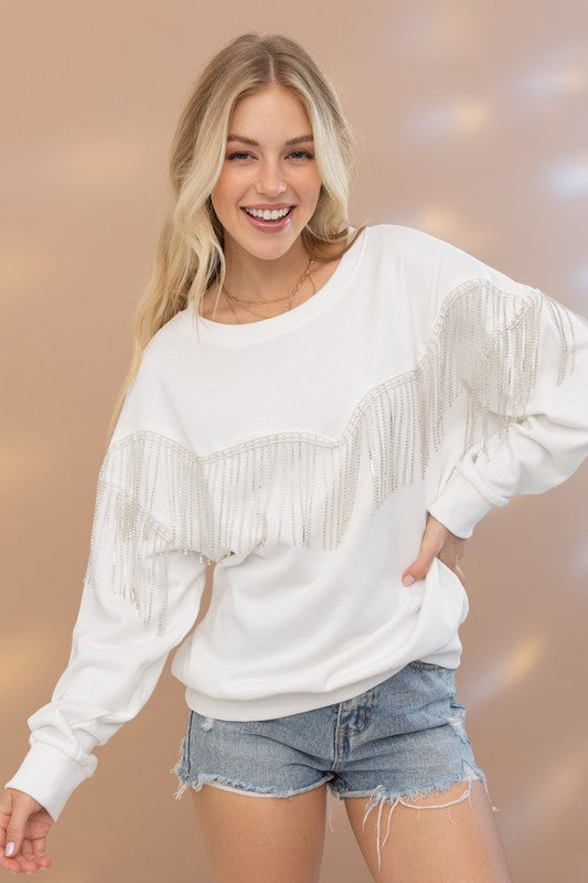 Rhinestone Fringe Embellished Sweatshirt Blue B