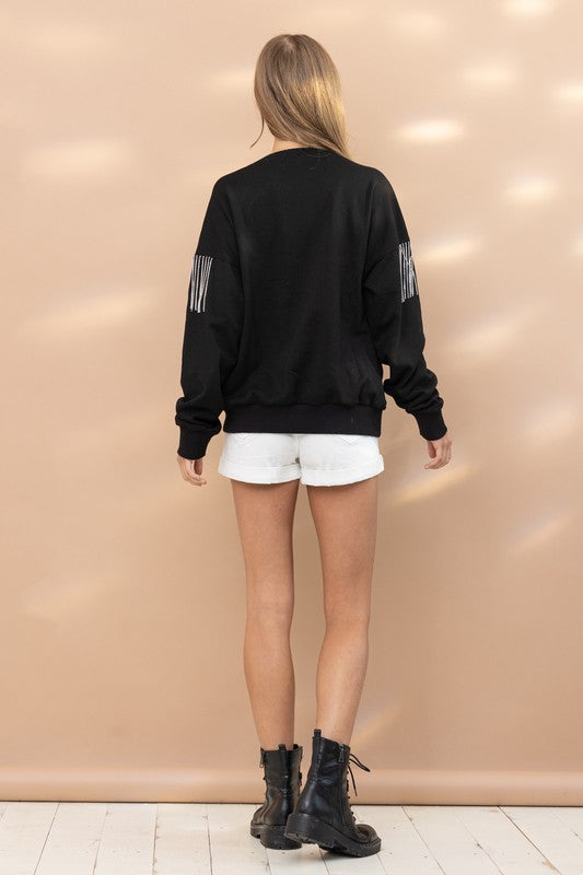 Rhinestone Fringe Embellished Sweatshirt Blue B