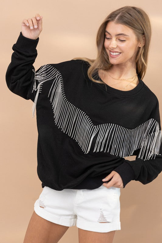 Rhinestone Fringe Embellished Sweatshirt Blue B
