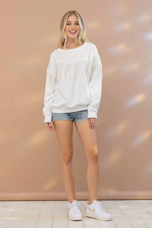 Rhinestone Fringe Embellished Sweatshirt Blue B