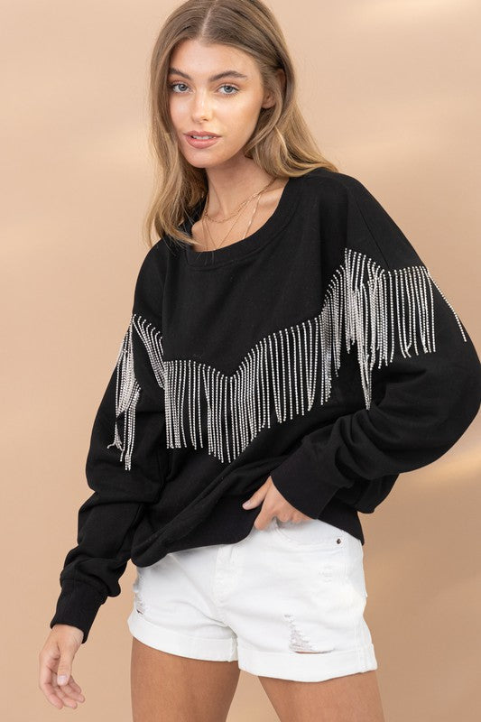 Rhinestone Fringe Embellished Sweatshirt Blue B