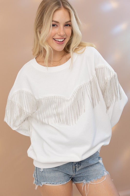 Rhinestone Fringe Embellished Sweatshirt Blue B
