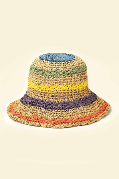 Multicolor Striped Packable Crochet Straw Bucket Hat LA3accessories
