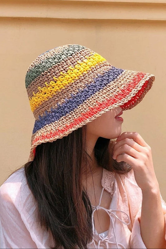 Multicolor Striped Packable Crochet Straw Bucket Hat LA3accessories