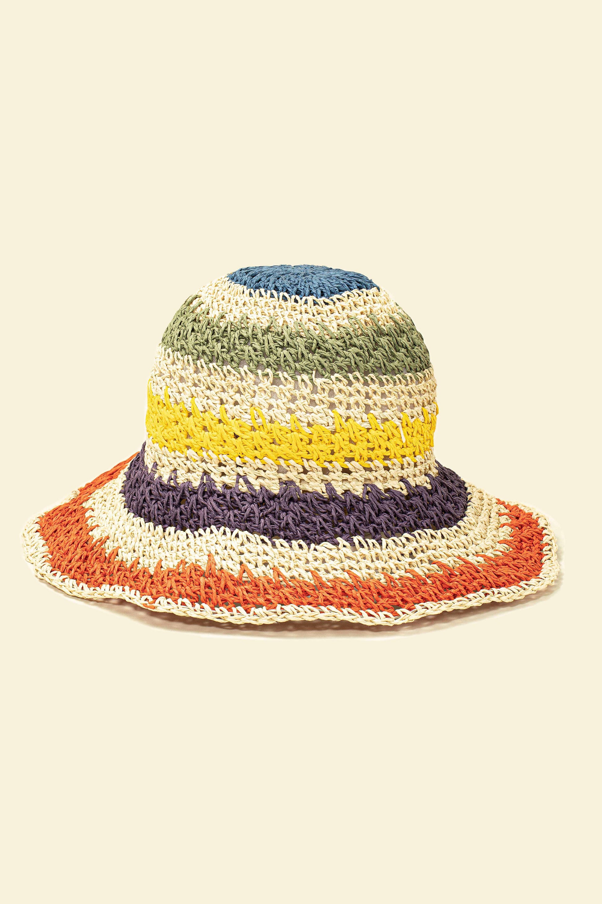 Multicolor Striped Packable Crochet Straw Bucket Hat LA3accessories