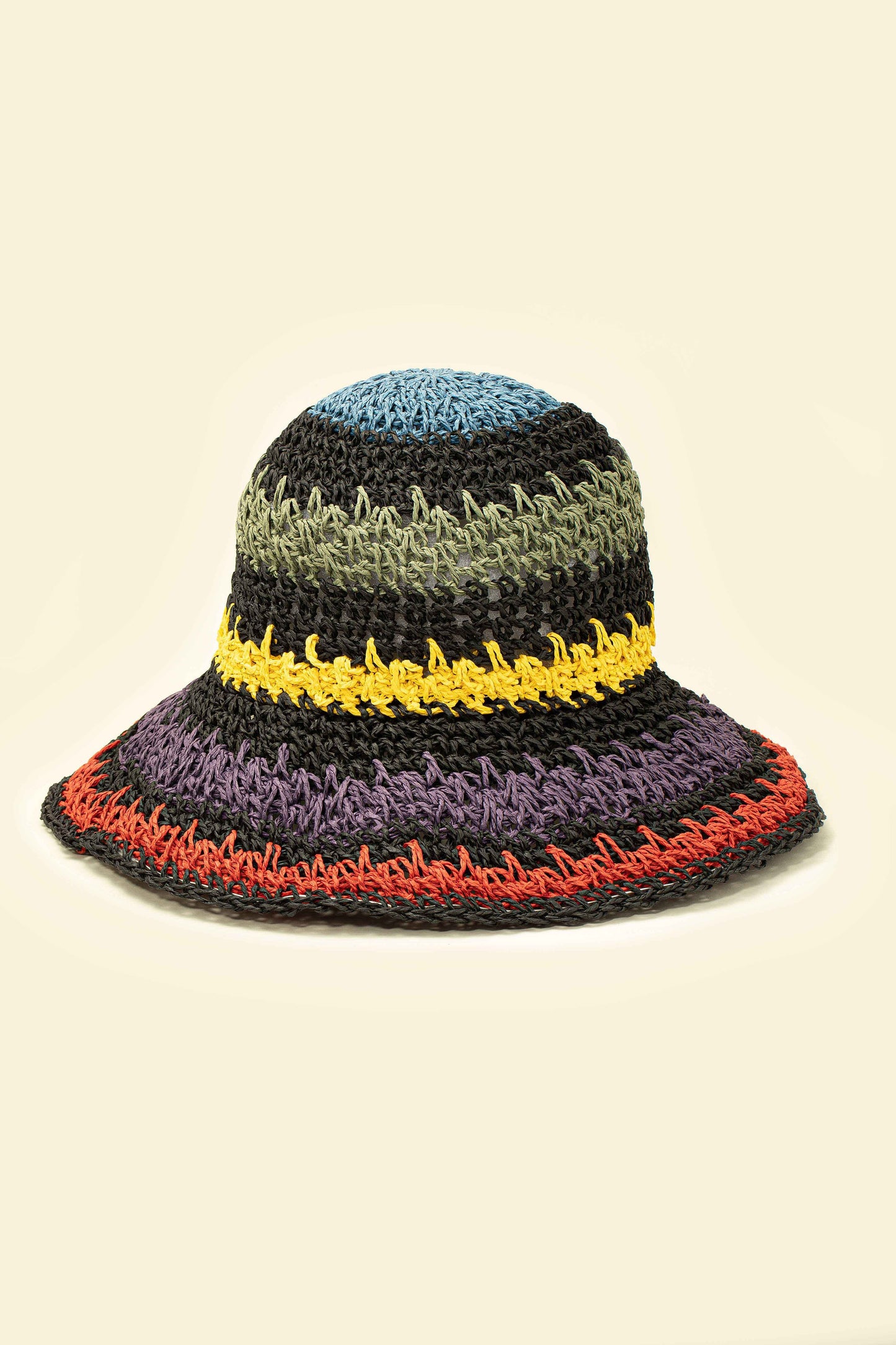 Multicolor Striped Packable Crochet Straw Bucket Hat LA3accessories