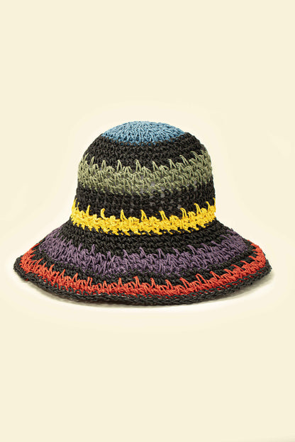 Multicolor Striped Packable Crochet Straw Bucket Hat LA3accessories
