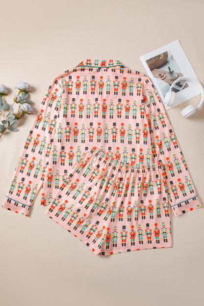 Pink Christmas Nutcracker Long Sleeve Shirt Shorts Pajama Set  DAME BOHEME