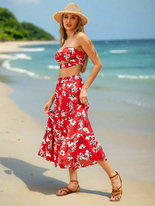 Women's Red Twisted Bandeau Top and Long Skirt 2Pc Set Annva USA
