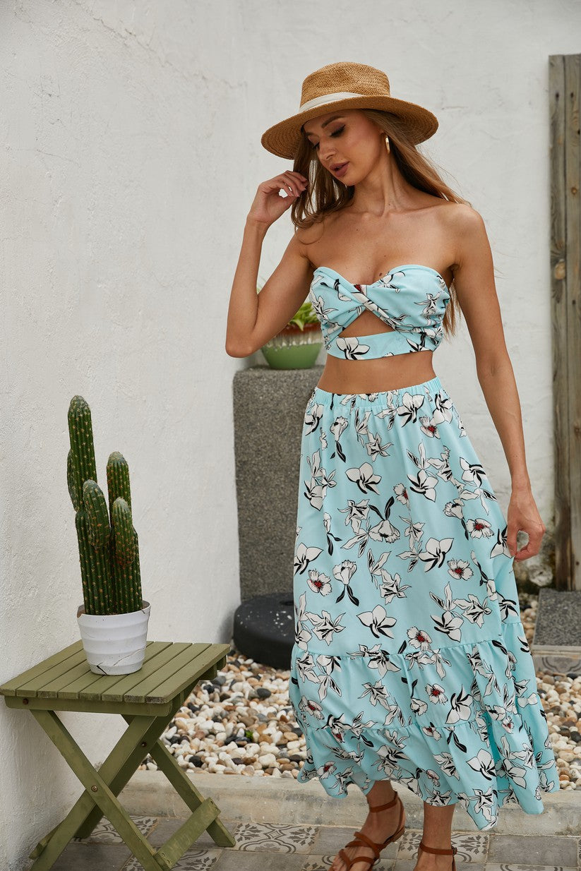 Women's Floral Twisted Bandeau 2 Pcs Long Skirt Set Annva USA
