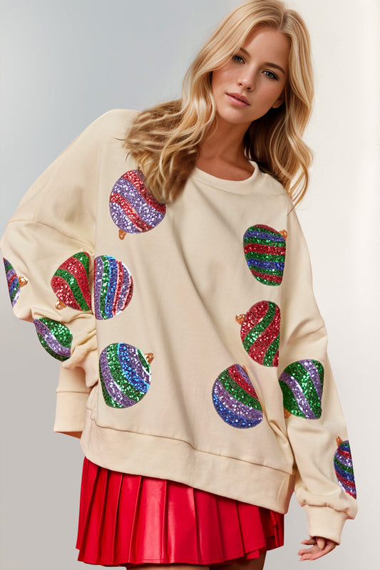 Double Take Christmas Element Sequin Round Neck Long Sleeve Sweatshirt  DAME BOHEME