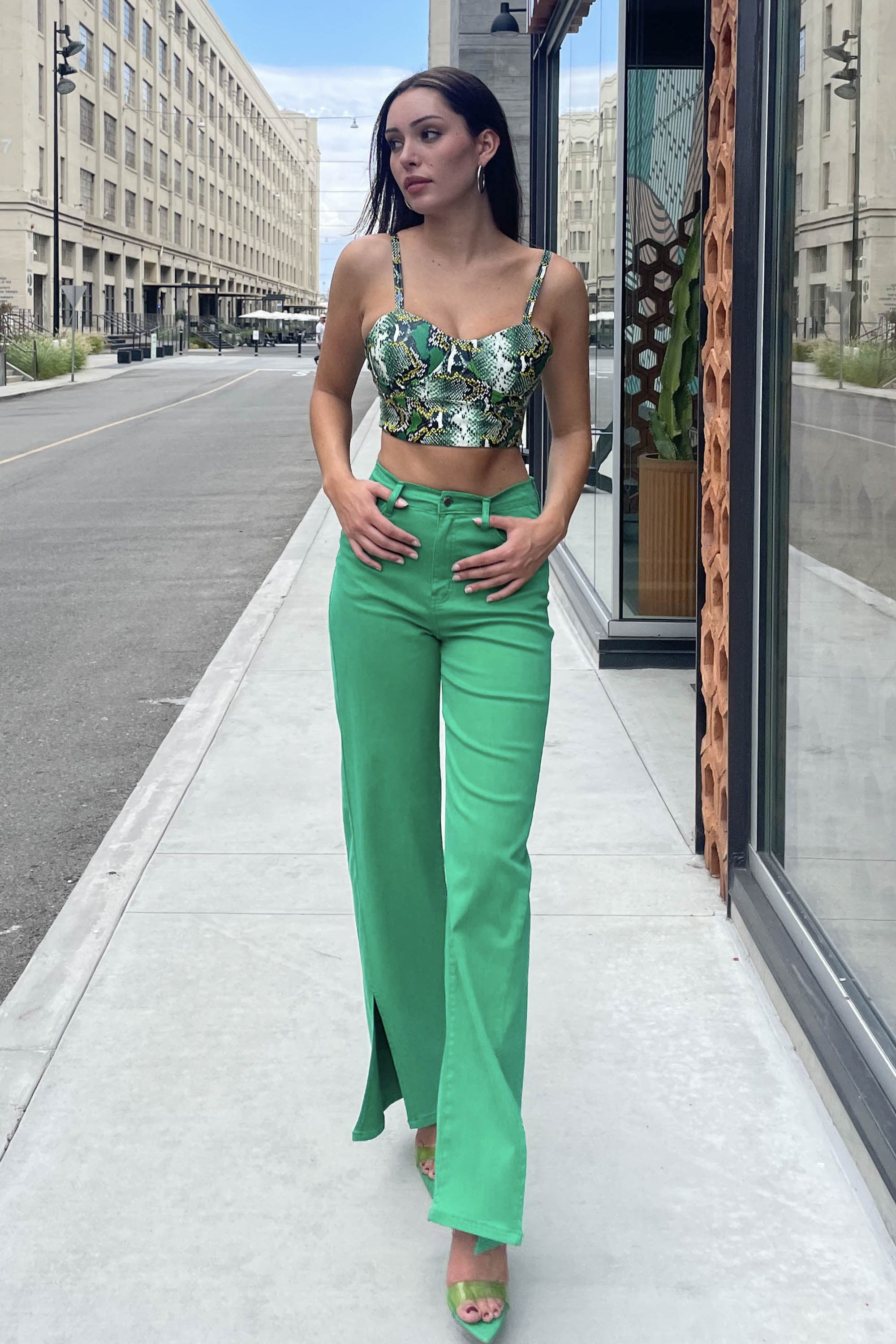 Front Slit Wide Leg Extra Long Green Tencel Pants