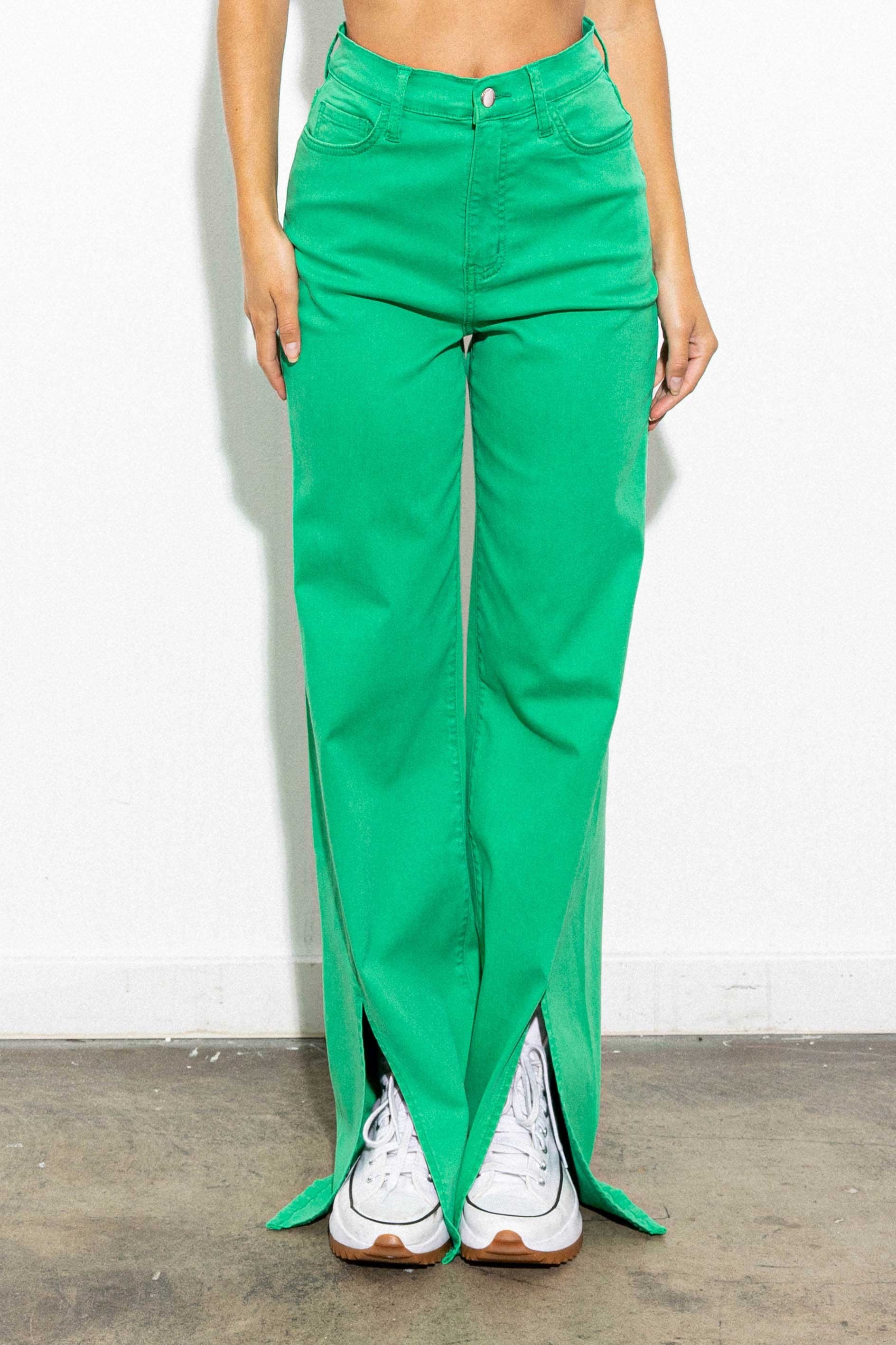 Front Slit Wide Leg Extra Long Green Tencel Pants