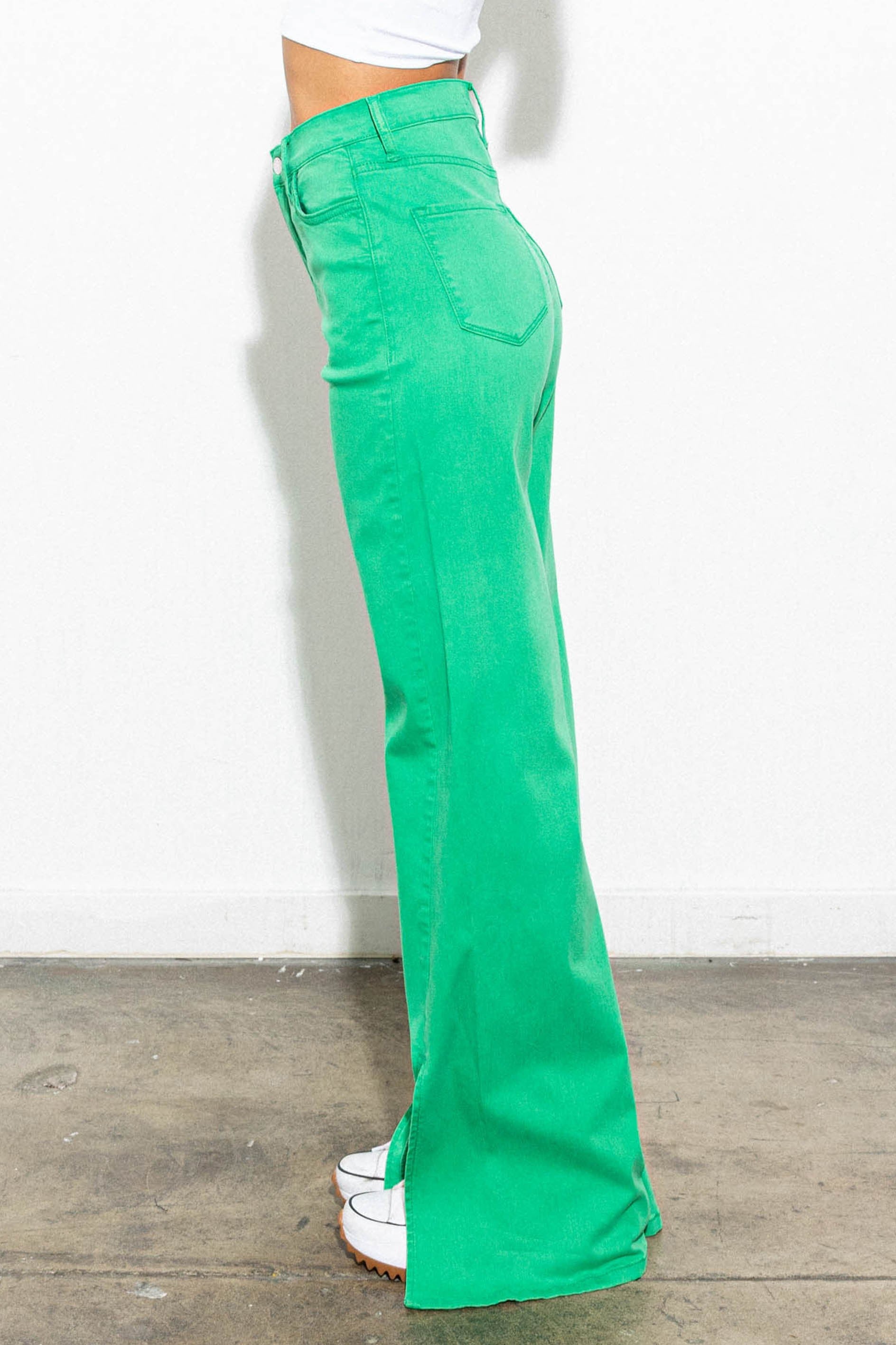 Front Slit Wide Leg Extra Long Green Tencel Pants