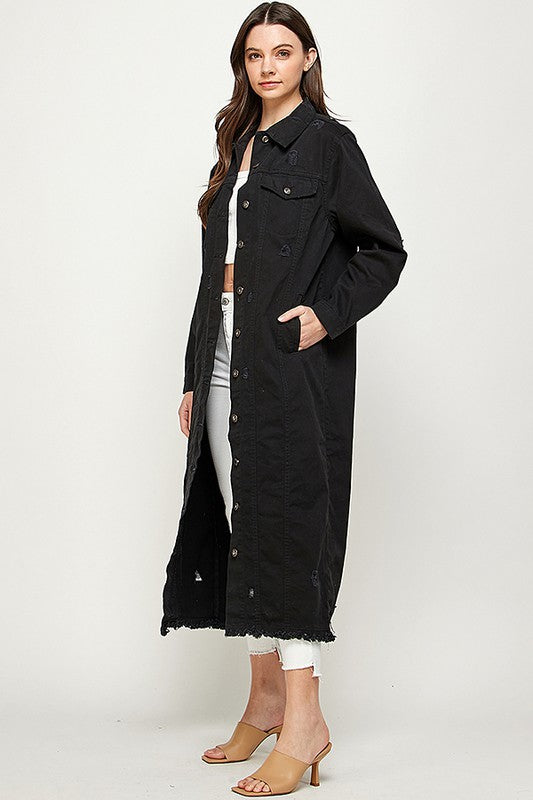 Women's Distressed Long Denim Maxi Jacket Duster Blue Age