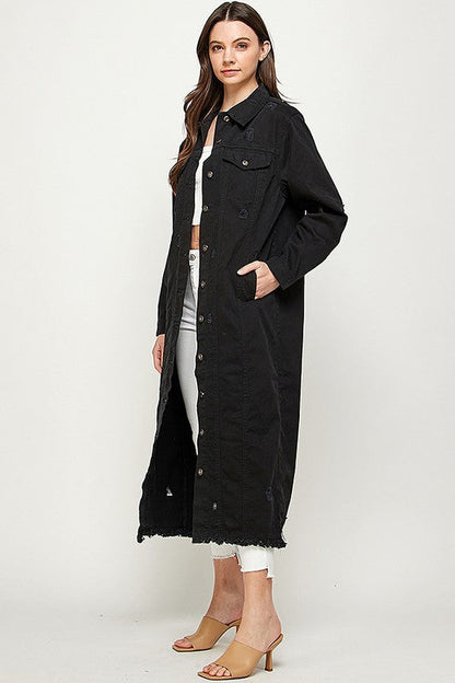 Women's Distressed Long Denim Maxi Jacket Duster Blue Age