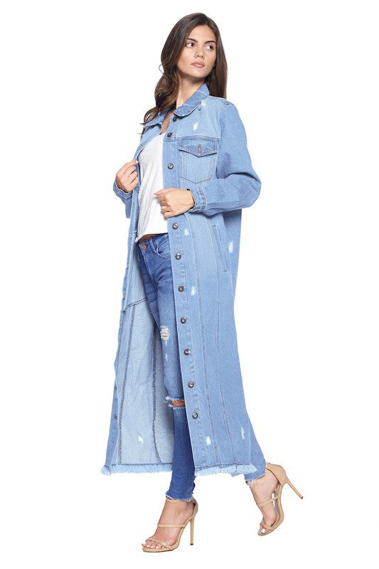Women's Distressed Long Denim Maxi Jacket Duster Blue Age