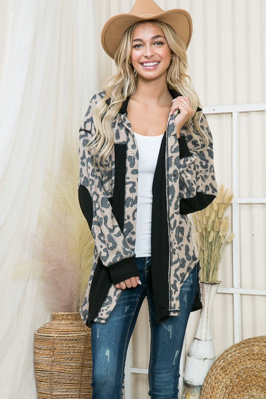 Oversized Elbow Patch Plaid Leopard Print Shacket with Black Contrast Panels