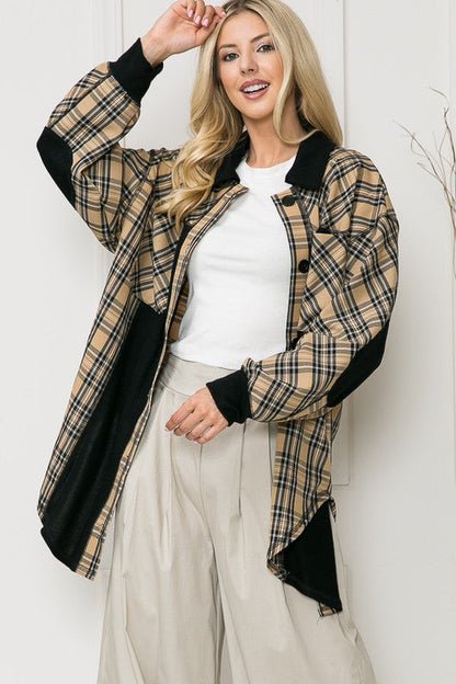 Oversized Elbow Patch Plaid Leopard Print Shacket Orange Farm Clothing